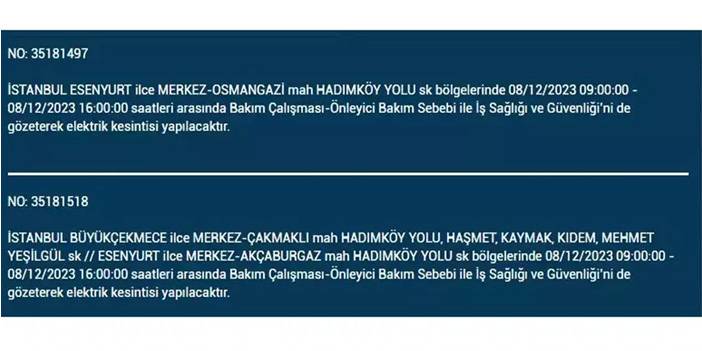 İstanbul’da yaşayanların dikkatine! Elektrik kesintisi saatlerce sürecek 22