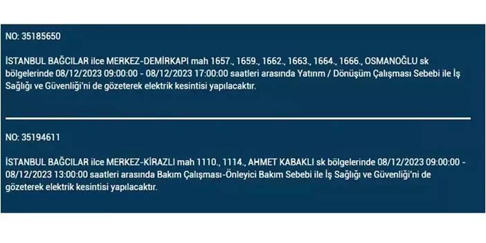 İstanbul’da yaşayanların dikkatine! Elektrik kesintisi saatlerce sürecek 6