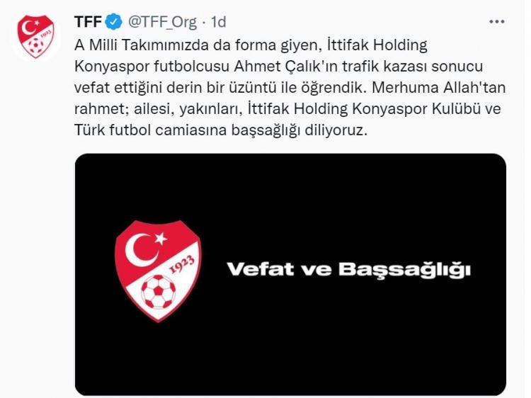 Futbol camiasından Ahmet Çalık'a başsağlığı mesajı 2