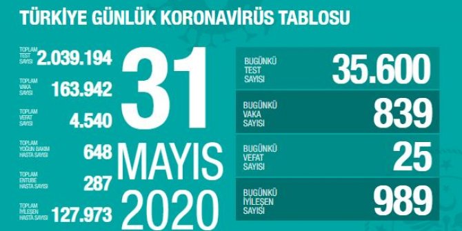 Gün gün koronavirüs tablosu: Toplam vaka sayıları 31 MAYIS