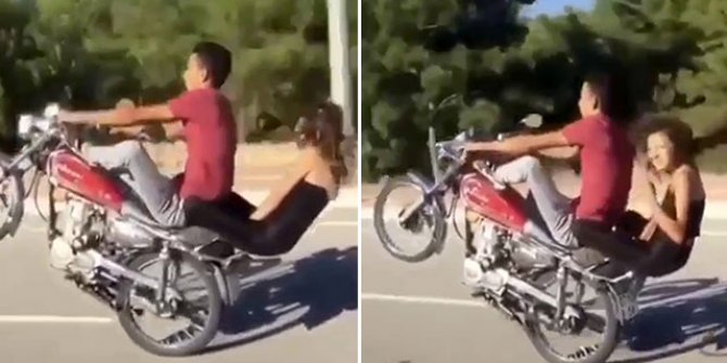 Motosikletle tek teker üzerinde tehlikeli yolculuk