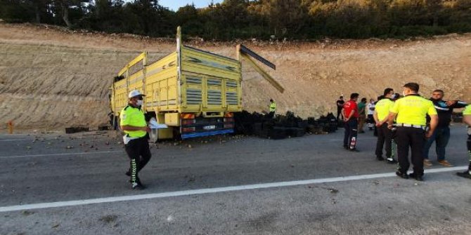 Yol kenarındaki toprak alana çarpan kamyonun sürücü öldü