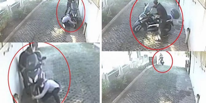 Sitenin bahçesindeki motosikletin çalınma anı kamerada