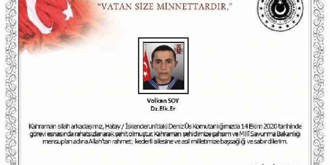 Hatay'da, görev sırasında rahatsızlanan asker şehit oldu