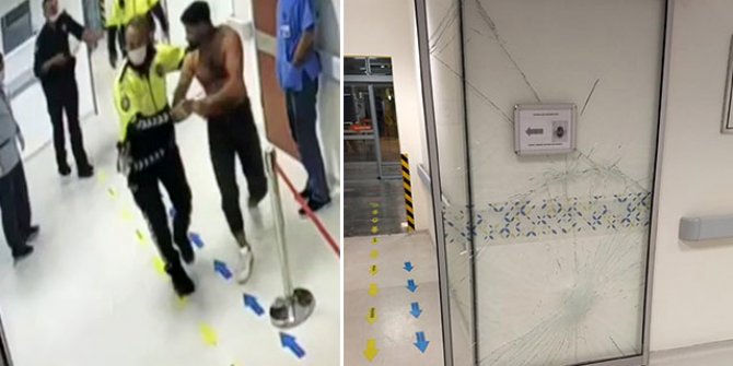 Sağlık kontrolüne getirildiği hastanede cam kapıyı tekmeledi