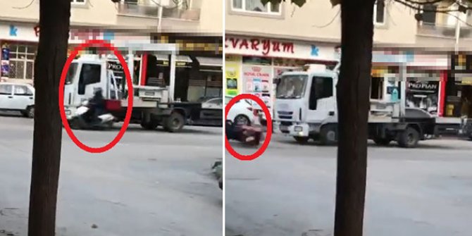 Motosikletin çekiciye çarpma anı kamerada