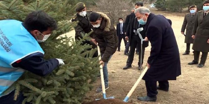 Bakan Akar ve komutanlar, gazilerle birlikte fidan dikti