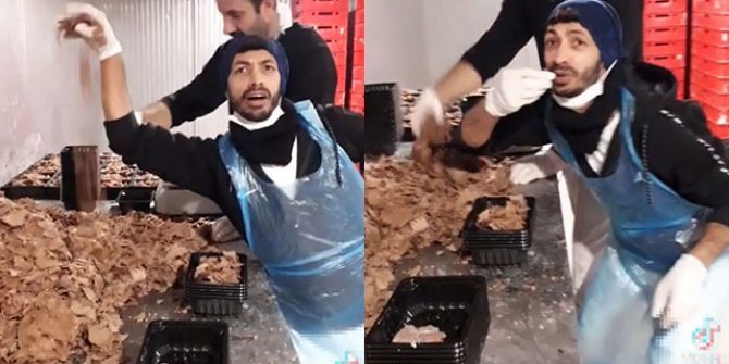 Hazır döner paketleyen iki çalışanın çekip paylaştığı video, tepki çekti