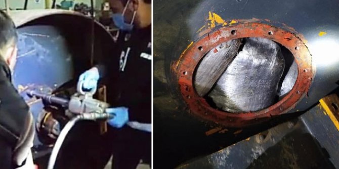 Çekicideki iş makinesinin silindirinden 195 kilo uyuşturucu çıktı