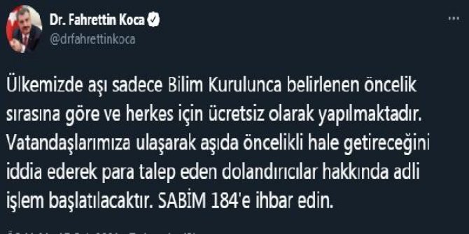 Bakan Koca: Aşı dolandırıcıları hakkında adli işlem başlatılacaktır