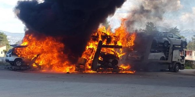 TIR'da çıkan yangında dorsede bulunan sıfır kilometre 6 araç yandı