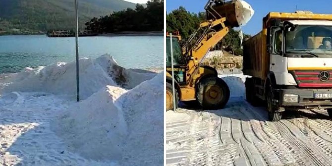Bodrum'da plaja dökülen kuvars tozu, iş makineleriyle kaldırılmaya başlandı