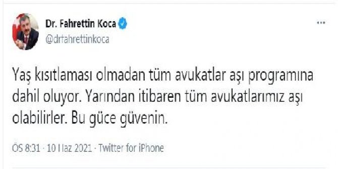 Bakan Koca: Tüm avukatlarımız aşı olabilirler