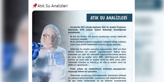 İstanbul'daki atık su incelemesinde en çok kullanılan maddeler; alkol, tütün ve esrar