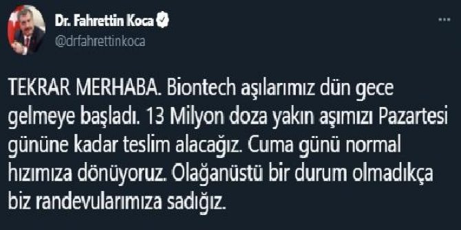 Bakan Koca: Biontech aşılarımız dün gece gelmeye başladı