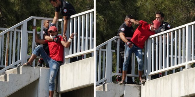 Üst geçitten atlamak üzereyken polis yakaladı