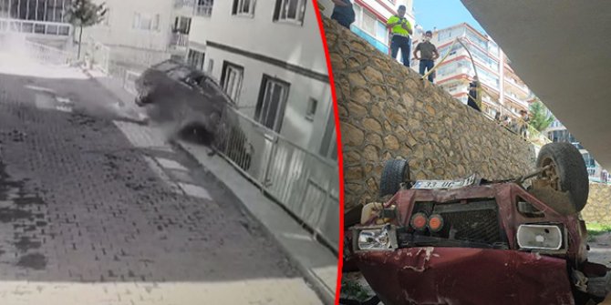Otomobil, 6 metre yükseklikten bahçeye düştü