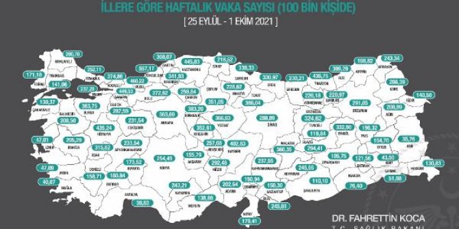 İllerin haftalık vaka sayısı haritası güncellendi