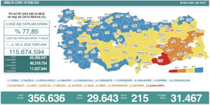Koronavirüs salgınında günlük vaka sayısı 29 bin 643 oldu
