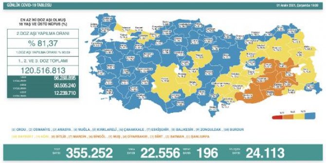 Koronavirüs salgınında günlük vaka sayısı 22 bin 556 oldu