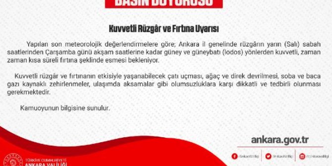 Ankara Valiliği'nden kuvvetli rüzgâr ve fırtına uyarısı