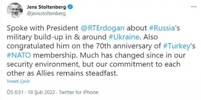 NATO Genel Sekreteri Stoltenberg Cumhurbaşkanı Erdoğan’la telefonda görüştü