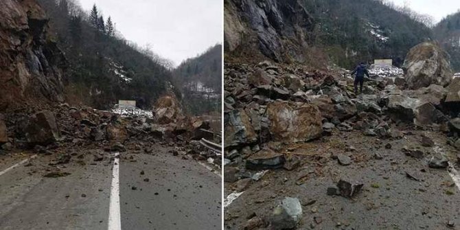 Rize’de heyelan; düşen kayalar yolu kapattı