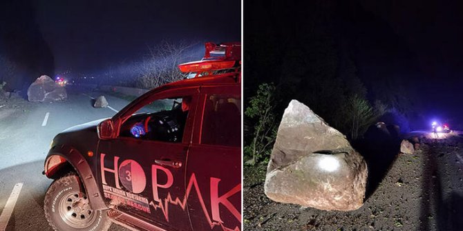 Karadeniz Sahil Yolu'nda heyelan; kaya isabet eden otomobil hasar gördü