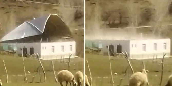 Kuvvetli rüzgarda caminin çatısının uçma anı kamerada