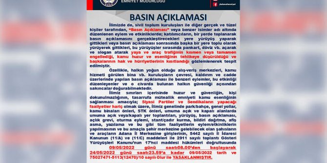 Adana'da basın açıklaması, toplantı ve yürüyüş yasağı