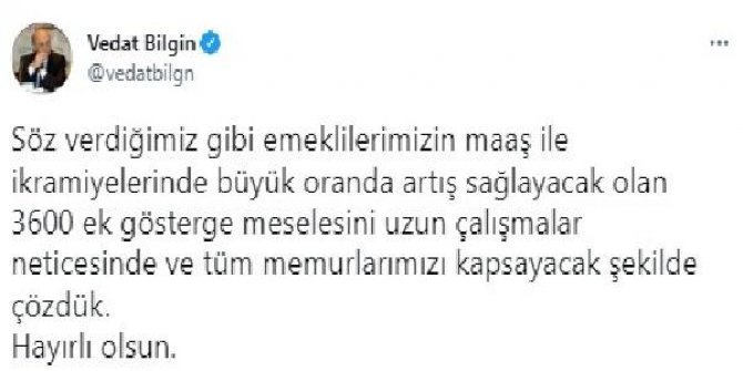 Bakan Bilgin'den, '3600 ek gösterge' açıklaması
