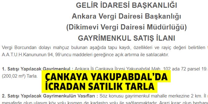 Yakupabdal’da Dikimevi Vergi Dairesi’nden satılık tarla