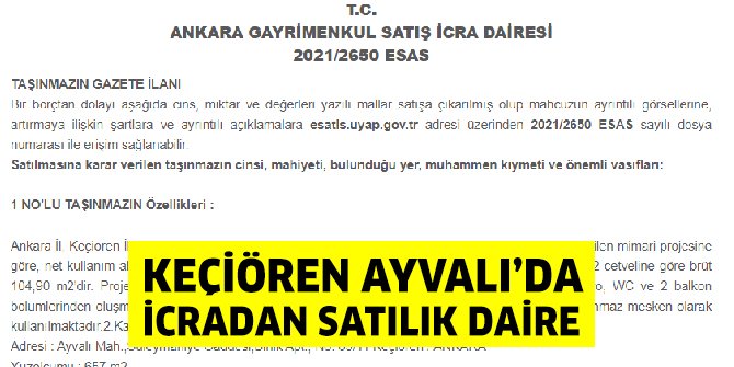 Keçiören Ayvalı’da icradan satılık daire