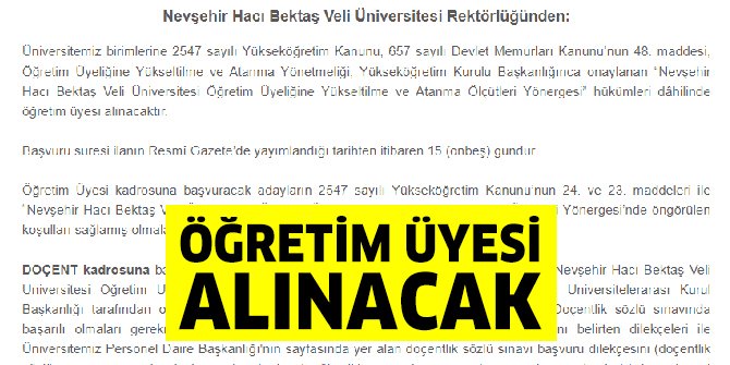 Nevşehir Hacı Bektaş Veli Üniversitesi akademisyen alıyor