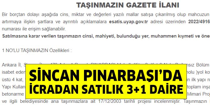 Sincan Pınarbaşı’da icradan satılık 3+1 daire