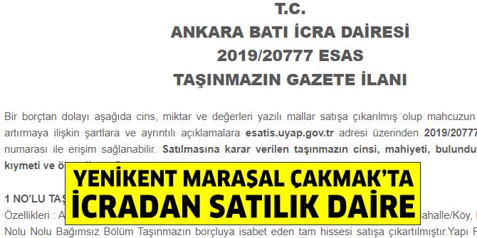 Yenikent Maraşal Çakmak’ta icradan satılık daire