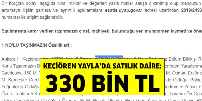 Keçiören Yayla’da icradan satılık daire: 330 bin TL