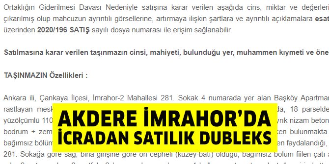 Akdere İmrahor’da icradan satılık dubleks daire