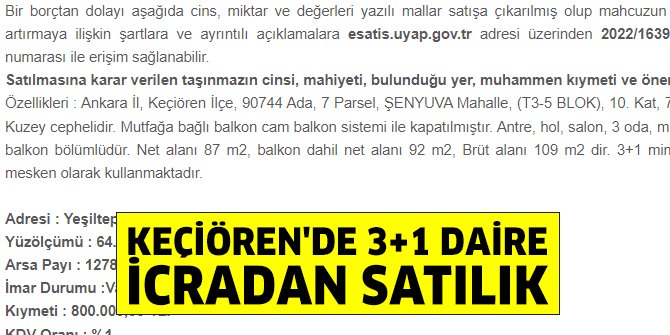 Keçiören'de 3+1 daire icra yoluyla satılıyor