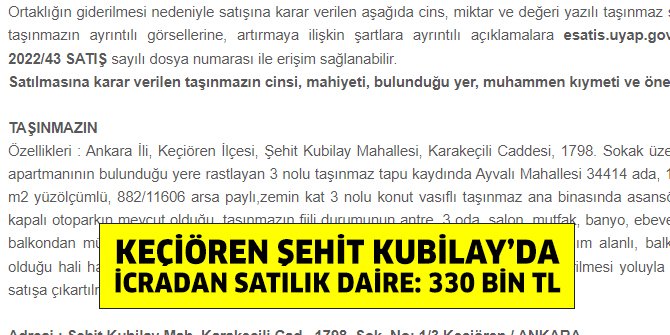 Keçiören Şehit Kubilay Mahallesi’nde icradan satılık daire