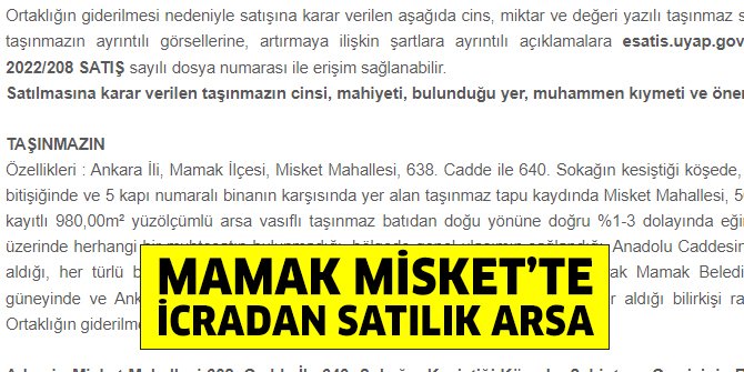 Mamak Misket’te icradan satılık arsa