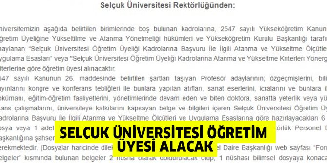 Selçuk Üniversitesi Öğretim Üyesi alacak