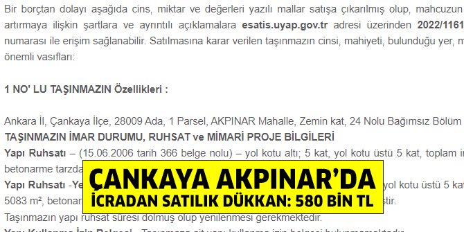 Çankaya Akpınar’da icradan satılık dükkan