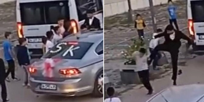 Gelin arabasının önünü kesen çocuklara tekmeli saldırı