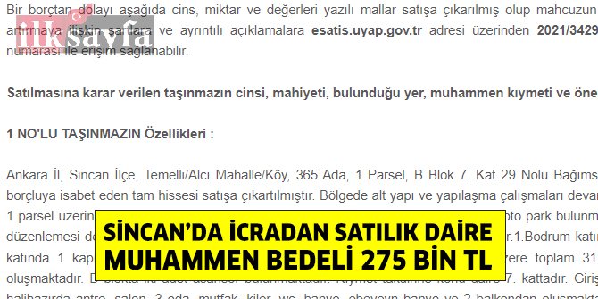 Sincan Alcı’da icradan satılık daire