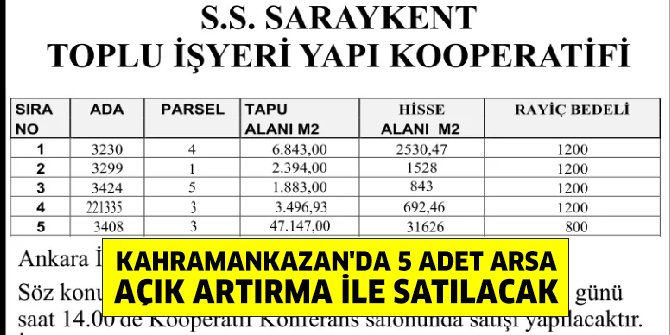 Kahramankazan'da 5 adet arsa açık artırma ile satılacak