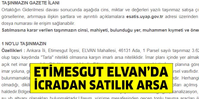 Etimesgut Elvan’da icradan satılık arsa