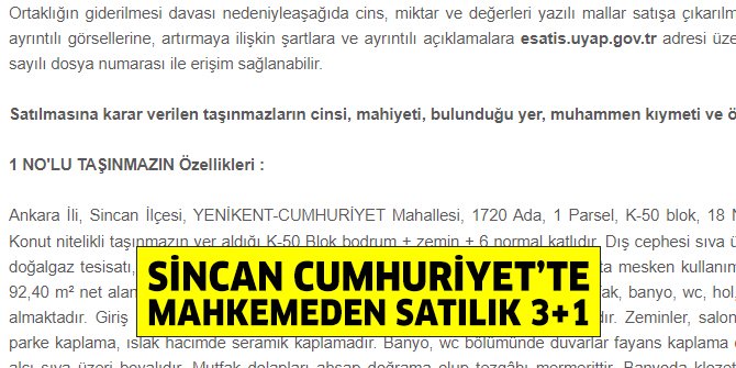 Sincan Yenikent Cumhuriyet’te mahkemeden satılık 3+1 daire