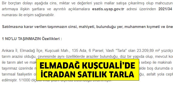 Elmadağ Kuşcuali’de mahkemeden satılık tarla