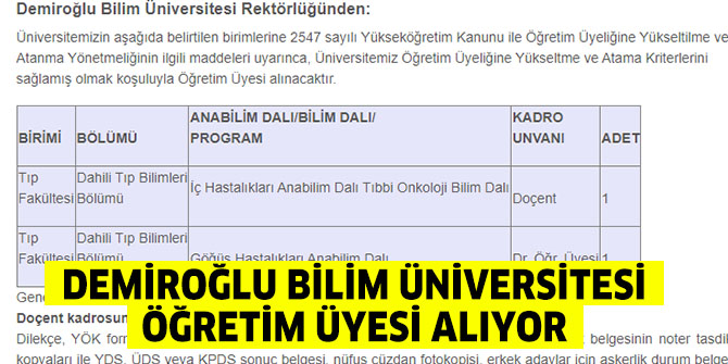 Demiroğlu Bilim Üniversitesi Öğretim Üyesi alıyor